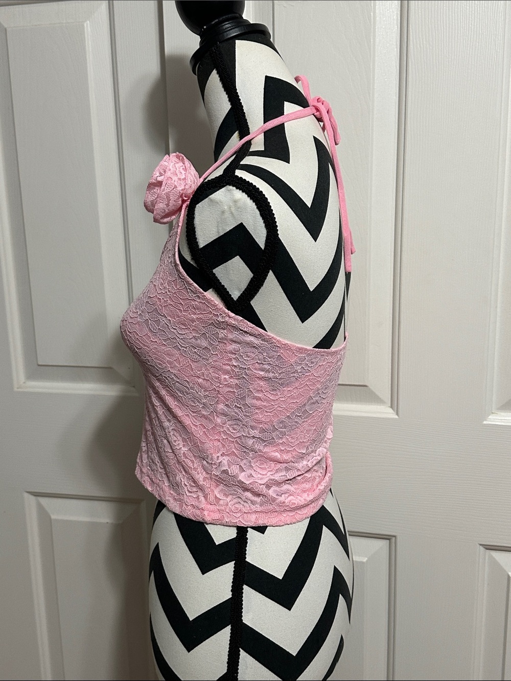 White Fox Pink Lace Halter Tank with Floral Rosette - Picture 2 of 5